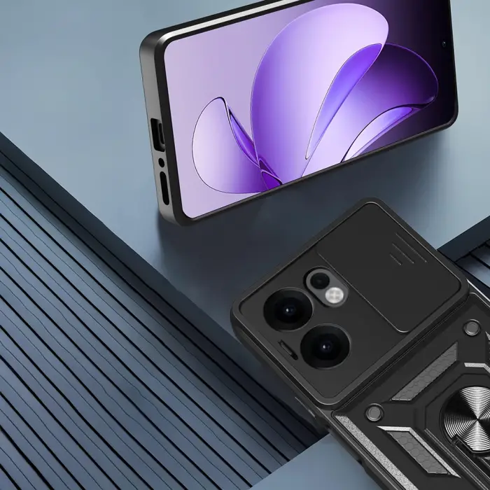 Oppo Reno 13f 5g Kılıf Magnetik Standlı Kamera Korumalı Lopard Sürgülü Kamera Korumalı Yüzüklü Tasarım Armor Vega