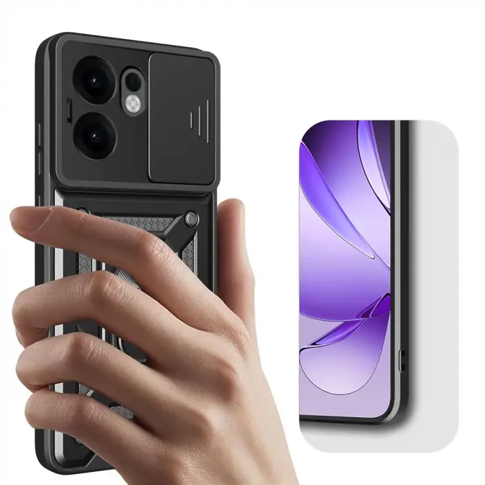 Oppo Reno 13f 5g Kılıf Magnetik Standlı Kamera Korumalı Lopard Sürgülü Kamera Korumalı Yüzüklü Tasarım Armor Vega