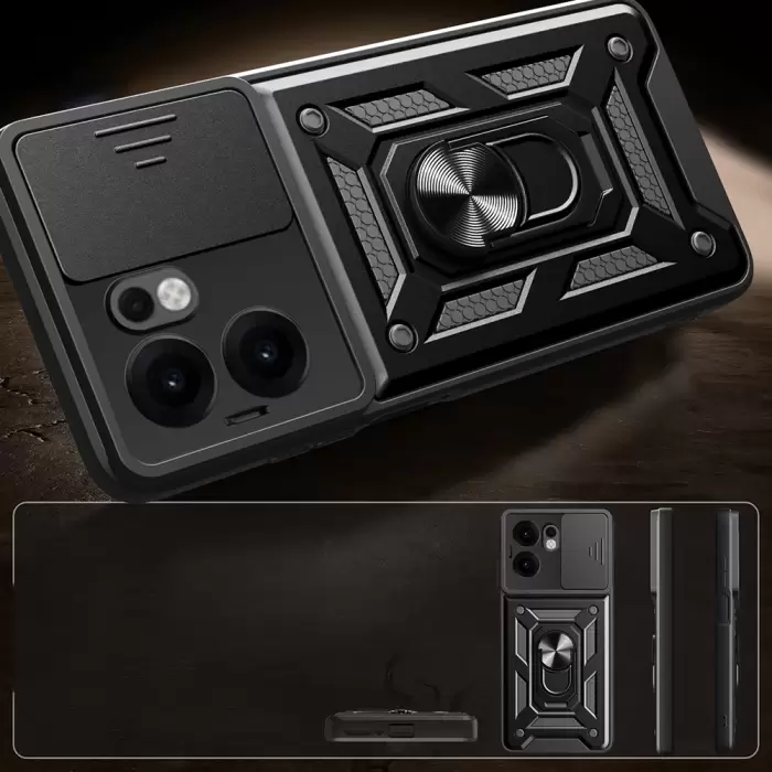 Oppo Reno 13f 5g Kılıf Magnetik Standlı Kamera Korumalı Lopard Sürgülü Kamera Korumalı Yüzüklü Tasarım Armor Vega