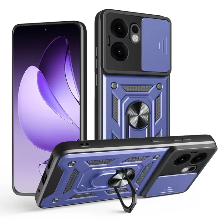 Oppo Reno 13f 5g Kılıf Magnetik Standlı Kamera Korumalı Lopard Sürgülü Kamera Korumalı Yüzüklü Tasarım Armor Vega