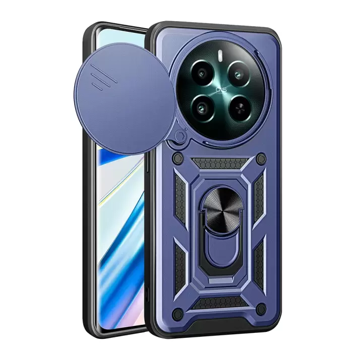 Realme 12 Plus Kılıf Magnetik Standlı Kamera Korumalı Lopard Sürgülü Kamera Korumalı Yüzüklü Tasarım Armor Vega