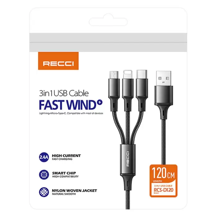 Recci Rcs-d120 Fast Wind Series 3in1 Usb-a To Lightning – Type-c – Micro Şarj Ve Data Kablosu 1.2m