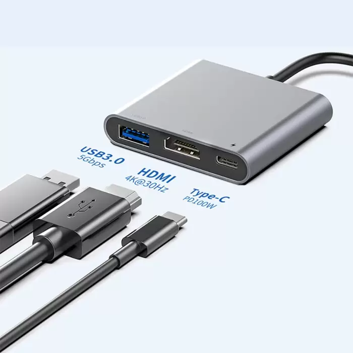 Recci Rh05 Type-c To Type-c Pd100w + Hdmı 4k@30hz + Usb3.0 Bağlantı  3in1 Hub