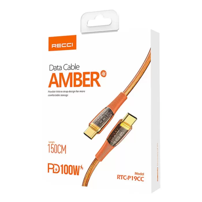 Recci Rtc-p19cc Amber Series Type-c To Type-c Pd 100w Şeffaf Tasarım Şarj Ve Data Kablosu 1.5m