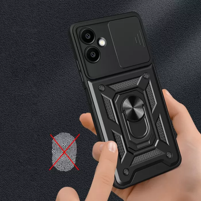 Samsung Galaxy A06 Kılıf Magnetik Standlı Kamera Korumalı Lopard Sürgülü Kamera Korumalı Yüzüklü Tasarım Armor Vega