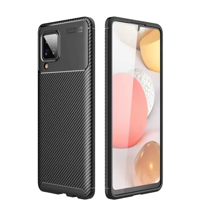 Samsung Galaxy A12 Kılıf Lopard Kamera Korumalı Karbon Desenli Negro Kapak Orijinal Yüzey Kılıf