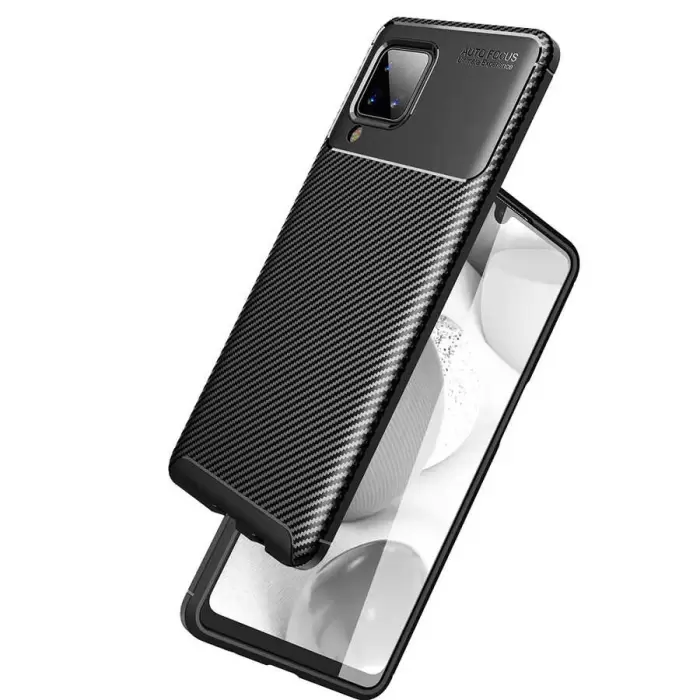 Samsung Galaxy A12 Kılıf Lopard Kamera Korumalı Karbon Desenli Negro Kapak Orijinal Yüzey Kılıf