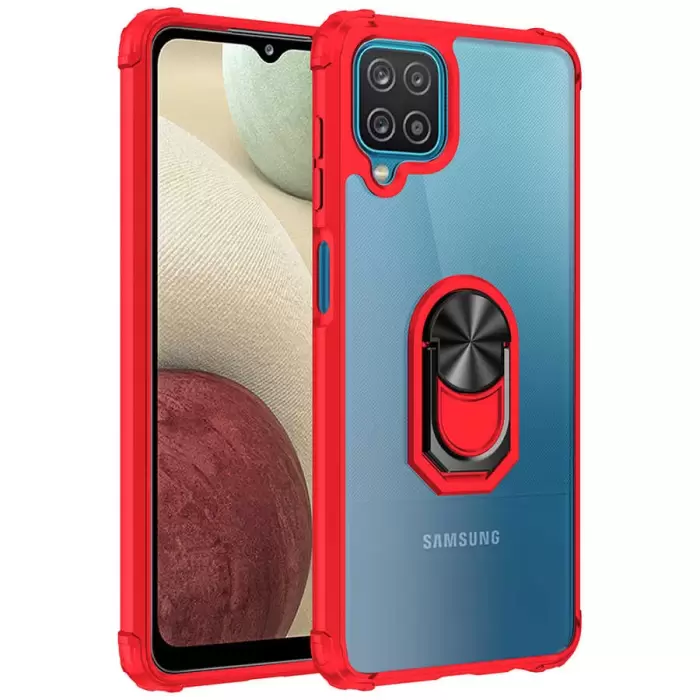 Samsung Galaxy A12 Kılıf Lopard Military Armor Köşe Korumalı Şeffaf Metal Yüzüklü Standlı Mola Zırhlı