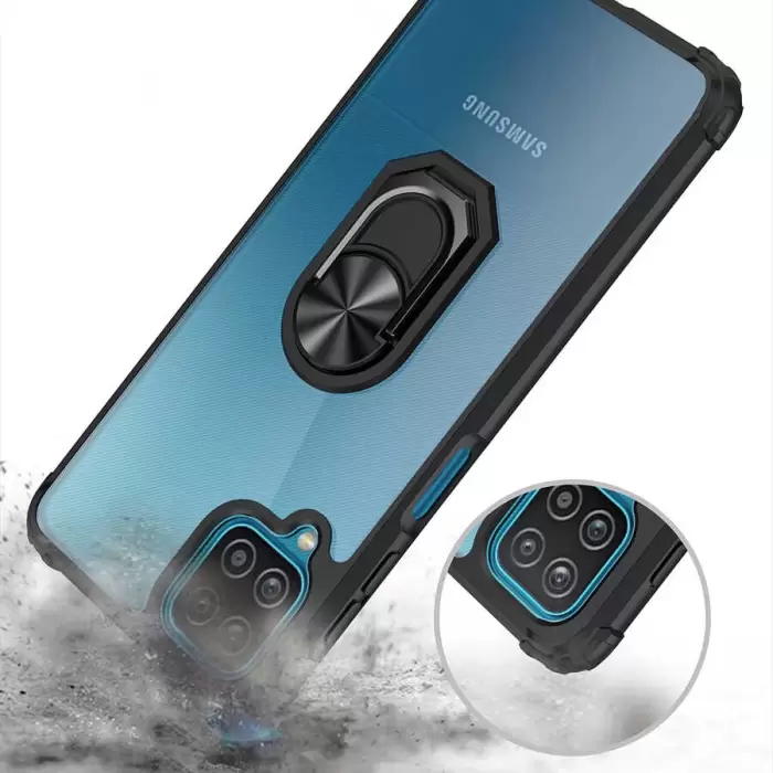 Samsung Galaxy A12 Kılıf Lopard Military Armor Köşe Korumalı Şeffaf Metal Yüzüklü Standlı Mola Zırhlı