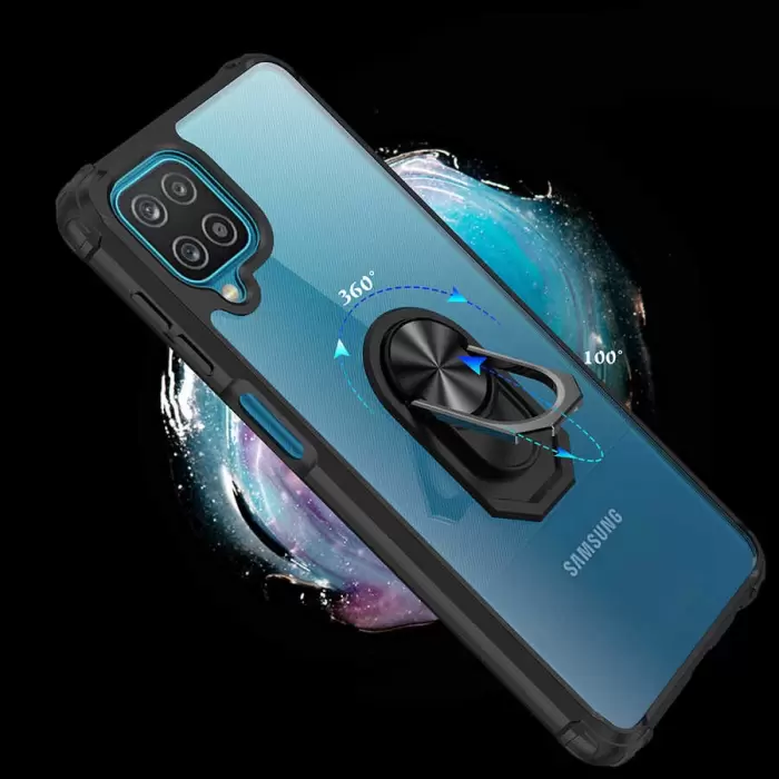 Samsung Galaxy A12 Kılıf Lopard Military Armor Köşe Korumalı Şeffaf Metal Yüzüklü Standlı Mola Zırhlı
