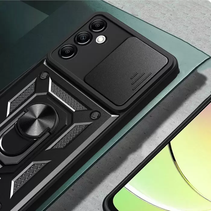 Samsung Galaxy A14 Kılıf Magnetik Standlı Kamera Korumalı  Sürgülü Kamera Korumalı Sürgülü Yüzüklü Tasarım Armor Vega