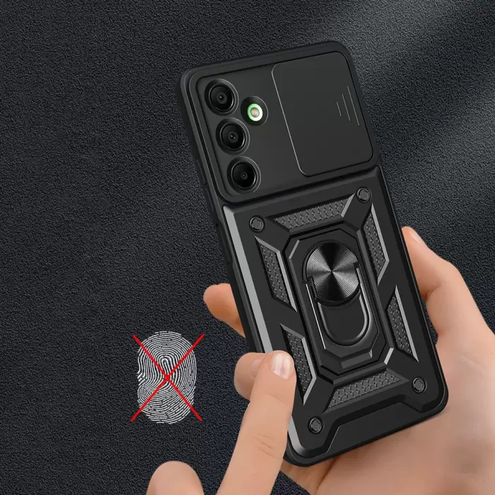 Samsung Galaxy A16 Kılıf Magnetik Standlı Kamera Korumalı Lopard Sürgülü Kamera Korumalı Yüzüklü Tasarım Armor Vega