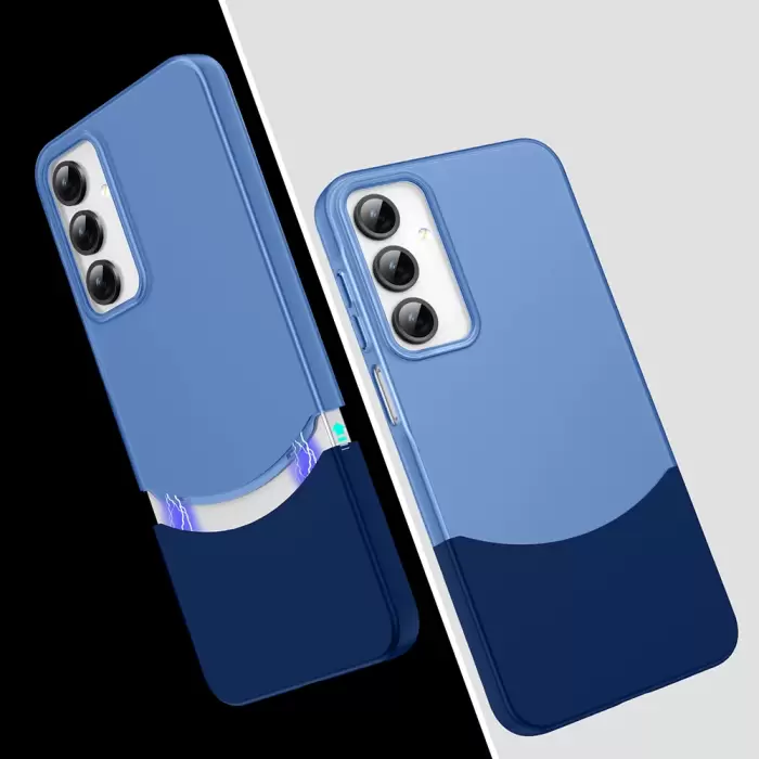 Samsung Galaxy A35 Kılıf Magsafe Şarj Kartlıklı Mıknatıslı Duble 1.7mm Kapak Kart Bölmeli Lacivert Siyah Gri Renkleriyle