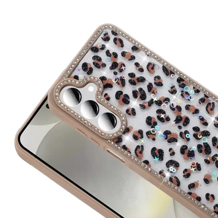 Samsung Galaxy A55 Kılıf Taşlı Ve Simli Tasarım Lopard Azra Kapak