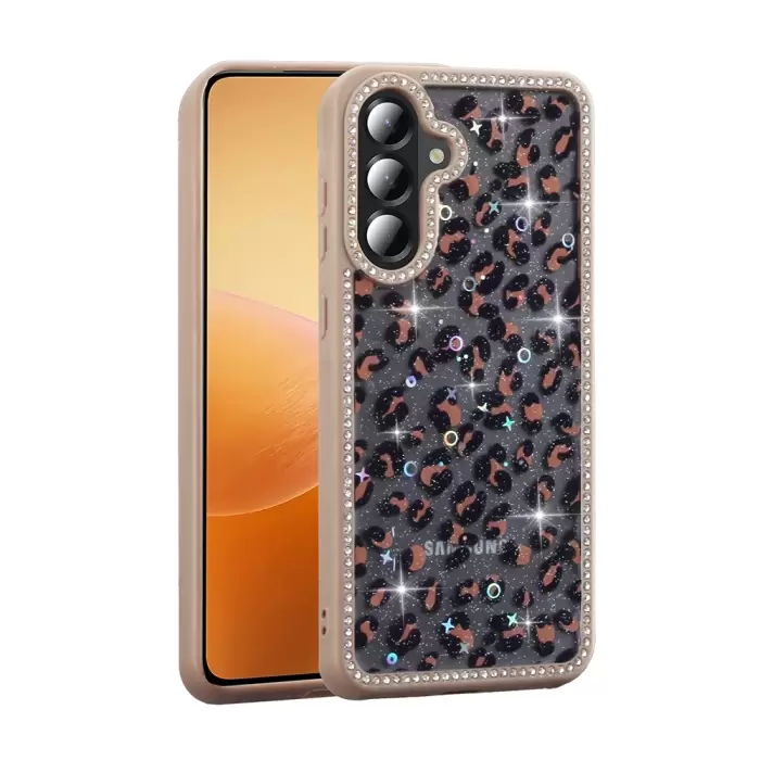 Samsung Galaxy A56 Kılıf Taşlı Ve Simli Tasarım Lopard Azra Kapak