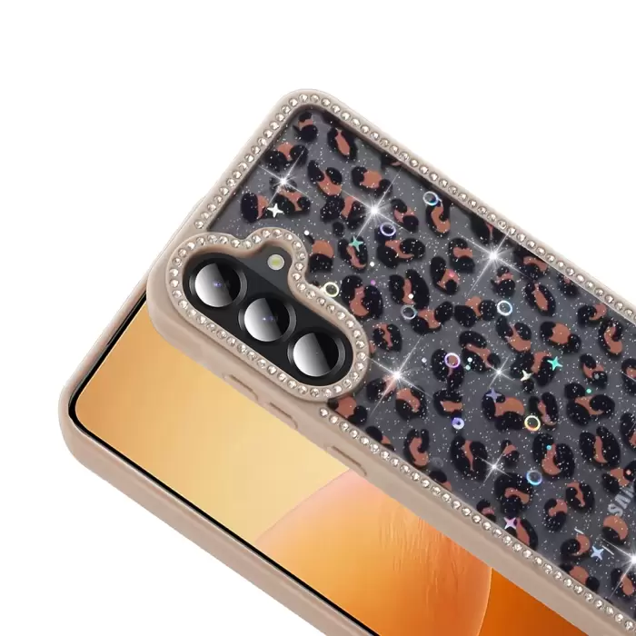 Samsung Galaxy A56 Kılıf Taşlı Ve Simli Tasarım Lopard Azra Kapak