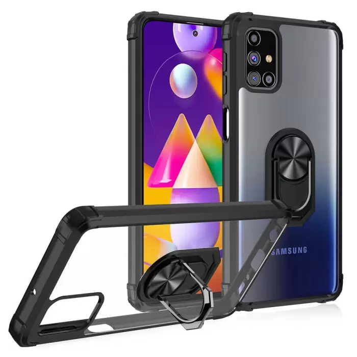 Samsung Galaxy M31S Kılıf Lopard Military Armor Köşe Korumalı Şeffaf Metal Yüzüklü Standlı Mola Zırhlı