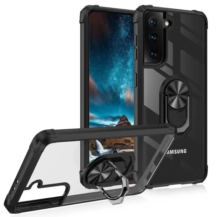Samsung Galaxy S21 Kılıf Lopard Military Armor Köşe Korumalı Şeffaf Metal Yüzüklü Standlı Mola Zırhlı