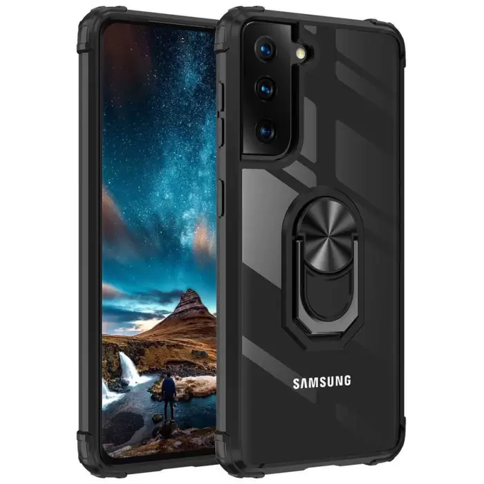 Samsung Galaxy S21 Plus Kılıf Lopard Military Armor Köşe Korumalı Şeffaf Metal Yüzüklü Standlı Mola Zırhlı
