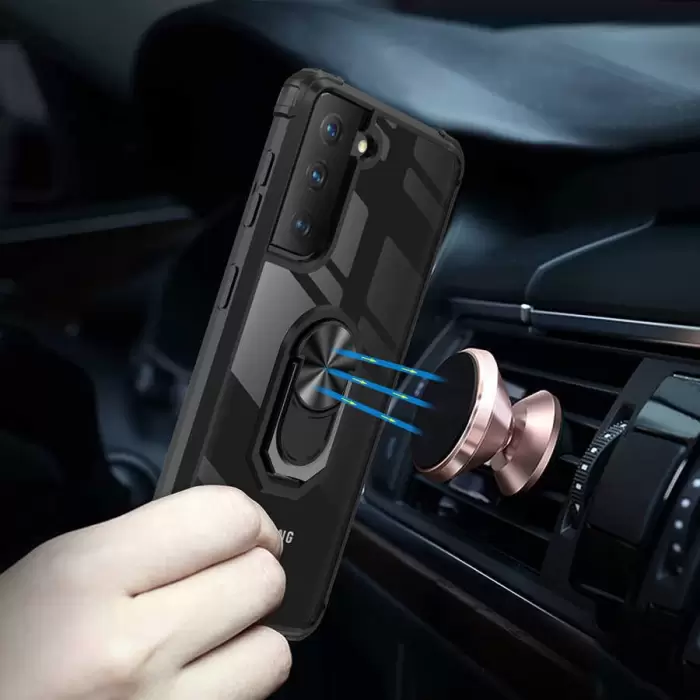 Samsung Galaxy S21 Plus Kılıf Lopard Military Armor Köşe Korumalı Şeffaf Metal Yüzüklü Standlı Mola Zırhlı