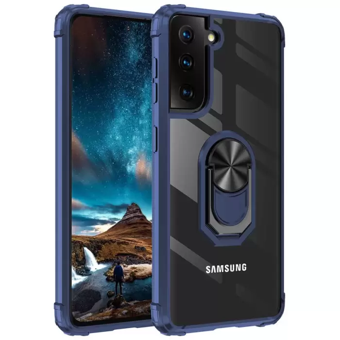 Samsung Galaxy S21 Plus Kılıf Lopard Military Armor Köşe Korumalı Şeffaf Metal Yüzüklü Standlı Mola Zırhlı