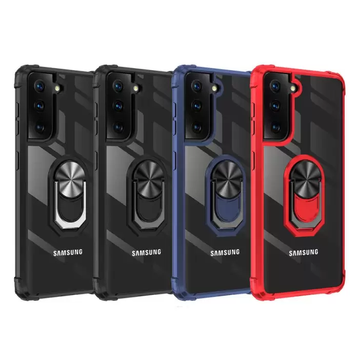 Samsung Galaxy S21 Plus Kılıf Lopard Military Armor Köşe Korumalı Şeffaf Metal Yüzüklü Standlı Mola Zırhlı