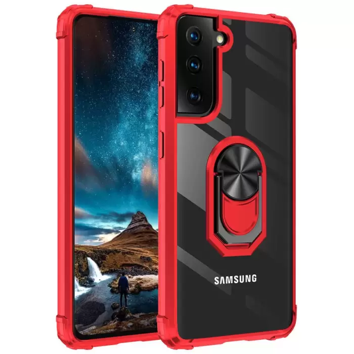 Samsung Galaxy S21 Plus Kılıf Lopard Military Armor Köşe Korumalı Şeffaf Metal Yüzüklü Standlı Mola Zırhlı