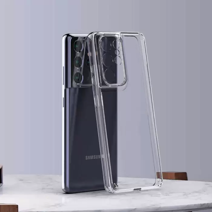 Samsung Galaxy S21 Ultra Coss Sert Darbe Emici Silikon Şeffaf Kamera Korumalı Arka Kapak