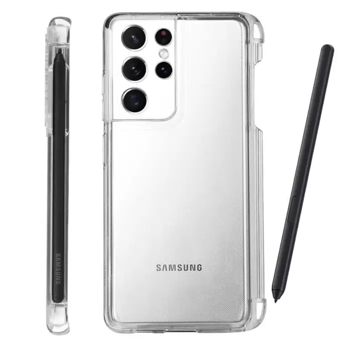 Samsung Galaxy S21 Ultra Kılıf Lopard Kalem Bölmeli Kamera Korumalı Renksiz Şeffaf Esnek Silikon Kapak Süper