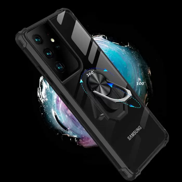 Samsung Galaxy S21 Ultra Kılıf Lopard Military Armor Köşe Korumalı Şeffaf Metal Yüzüklü Standlı Mola Zırhlı