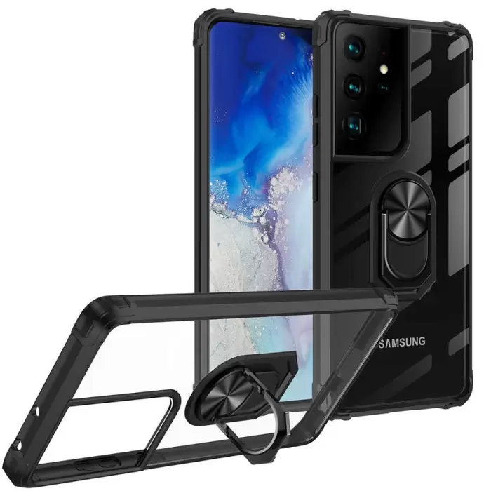Samsung Galaxy S21 Ultra Kılıf Lopard Military Armor Köşe Korumalı Şeffaf Metal Yüzüklü Standlı Mola Zırhlı