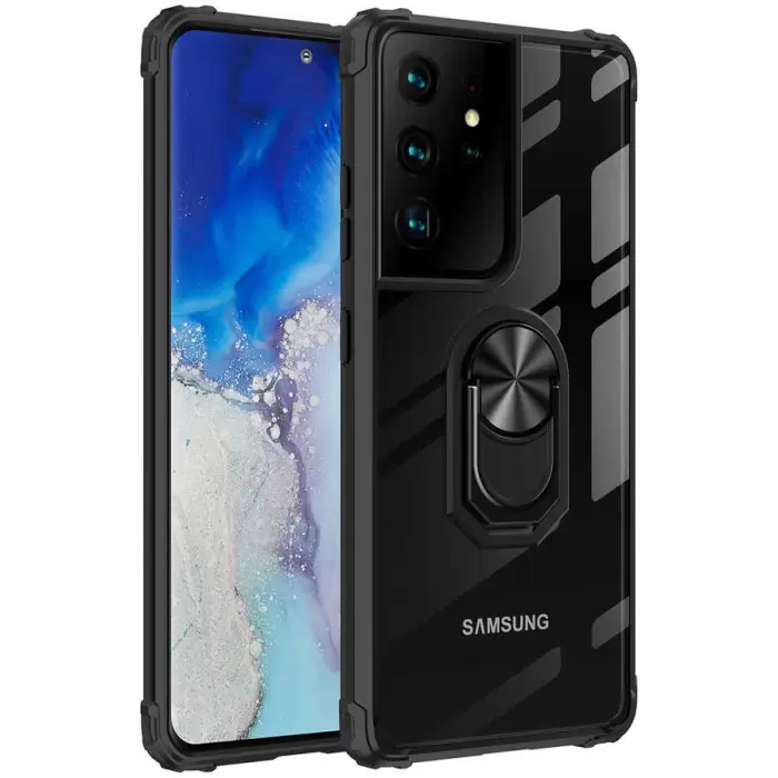 Samsung Galaxy S21 Ultra Kılıf Lopard Military Armor Köşe Korumalı Şeffaf Metal Yüzüklü Standlı Mola Zırhlı
