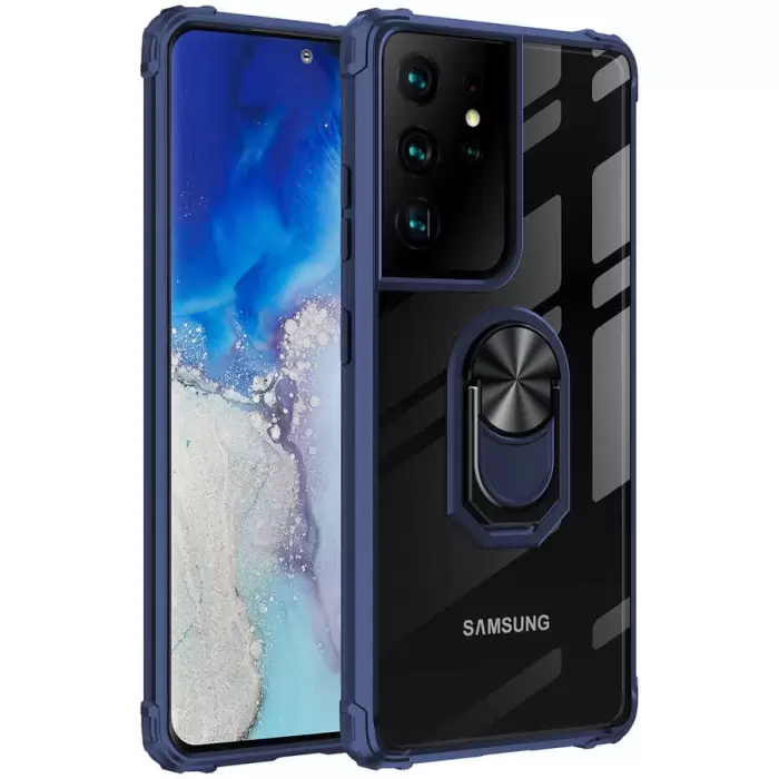Samsung Galaxy S21 Ultra Kılıf Lopard Military Armor Köşe Korumalı Şeffaf Metal Yüzüklü Standlı Mola Zırhlı