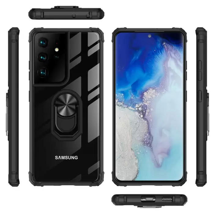 Samsung Galaxy S21 Ultra Kılıf Lopard Military Armor Köşe Korumalı Şeffaf Metal Yüzüklü Standlı Mola Zırhlı