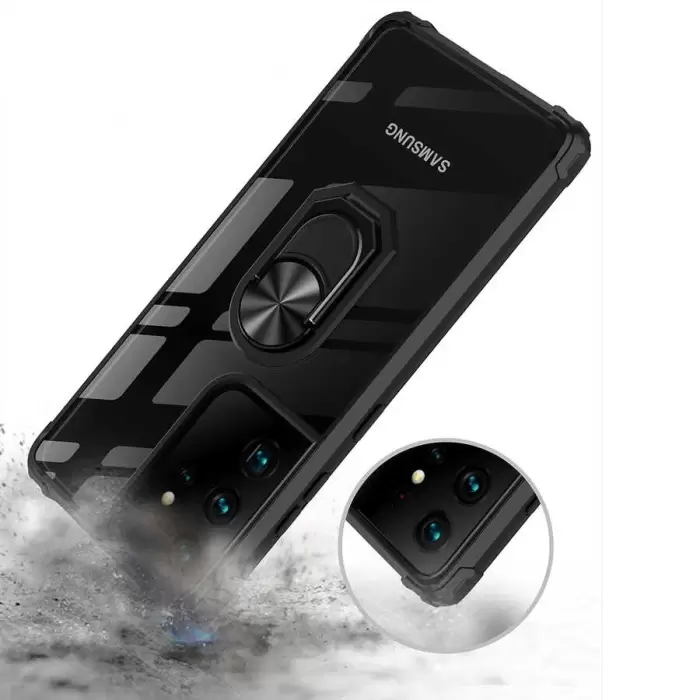 Samsung Galaxy S21 Ultra Kılıf Lopard Military Armor Köşe Korumalı Şeffaf Metal Yüzüklü Standlı Mola Zırhlı
