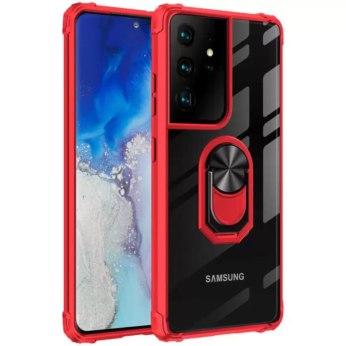 Samsung Galaxy S21 Ultra Kılıf Lopard Military Armor Köşe Korumalı Şeffaf Metal Yüzüklü Standlı Mola Zırhlı
