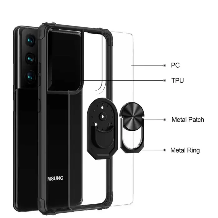 Samsung Galaxy S21 Ultra Kılıf Lopard Military Armor Köşe Korumalı Şeffaf Metal Yüzüklü Standlı Mola Zırhlı