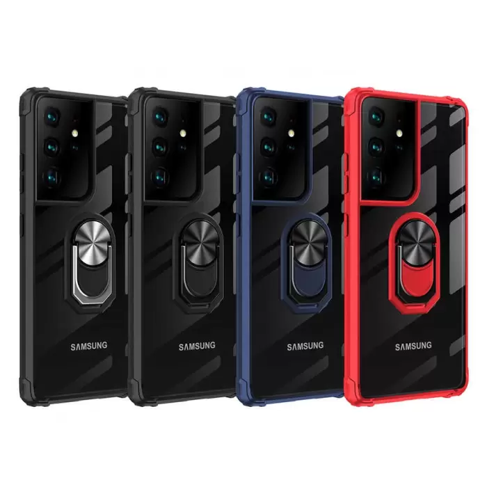 Samsung Galaxy S21 Ultra Kılıf Lopard Military Armor Köşe Korumalı Şeffaf Metal Yüzüklü Standlı Mola Zırhlı