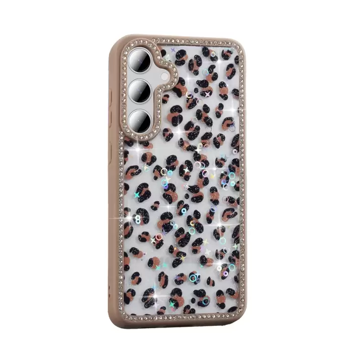 Samsung Galaxy S24 Fe Kılıf Taşlı Ve Simli Tasarım Lopard Azra Kapak