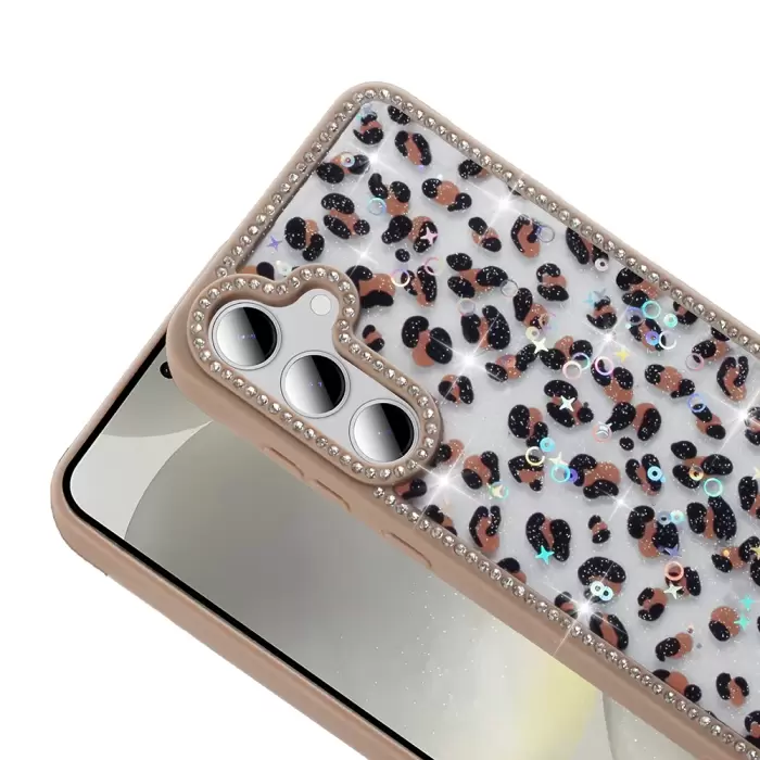 Samsung Galaxy S24 Fe Kılıf Taşlı Ve Simli Tasarım Lopard Azra Kapak