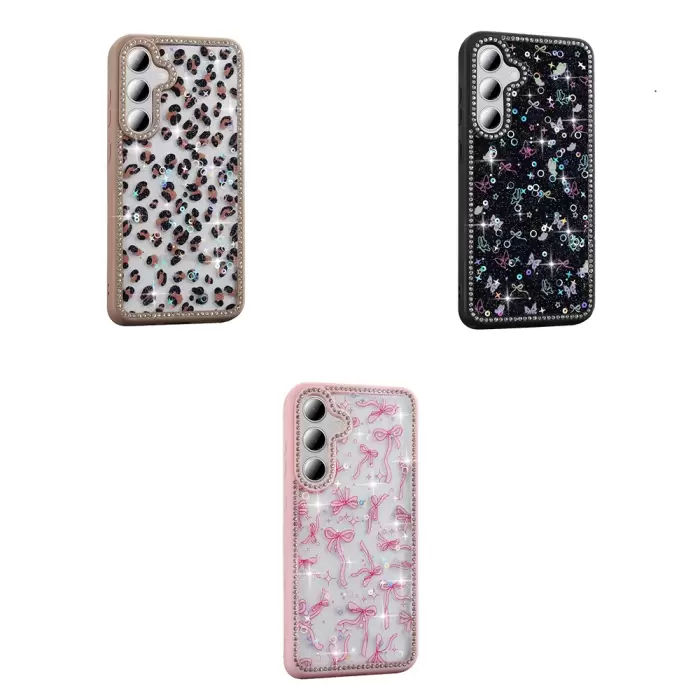 Samsung Galaxy S24 Fe Kılıf Taşlı Ve Simli Tasarım Lopard Azra Kapak