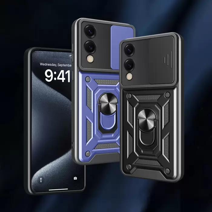 Samsung Galaxy S25 Edge Kılıf Magnetik Standlı Kamera Korumalı Lopard Sürgülü Kamera Korumalı Yüzüklü Tasarım Armor Vega