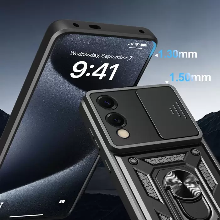 Samsung Galaxy S25 Edge Kılıf Magnetik Standlı Kamera Korumalı Lopard Sürgülü Kamera Korumalı Yüzüklü Tasarım Armor Vega