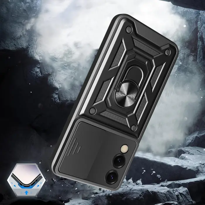 Samsung Galaxy S25 Edge Kılıf Magnetik Standlı Kamera Korumalı Lopard Sürgülü Kamera Korumalı Yüzüklü Tasarım Armor Vega