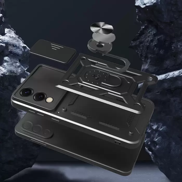 Samsung Galaxy S25 Edge Kılıf Magnetik Standlı Kamera Korumalı Lopard Sürgülü Kamera Korumalı Yüzüklü Tasarım Armor Vega