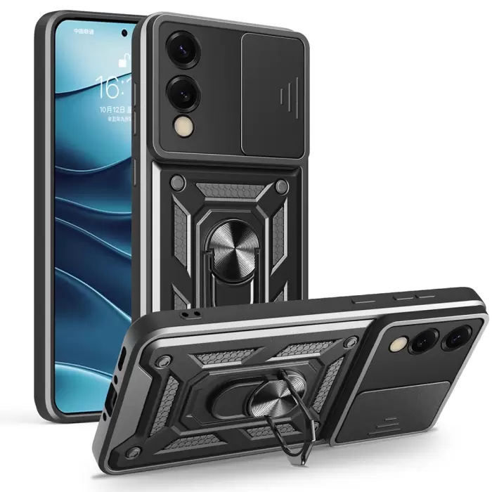 Samsung Galaxy S25 Edge Kılıf Magnetik Standlı Kamera Korumalı Lopard Sürgülü Kamera Korumalı Yüzüklü Tasarım Armor Vega
