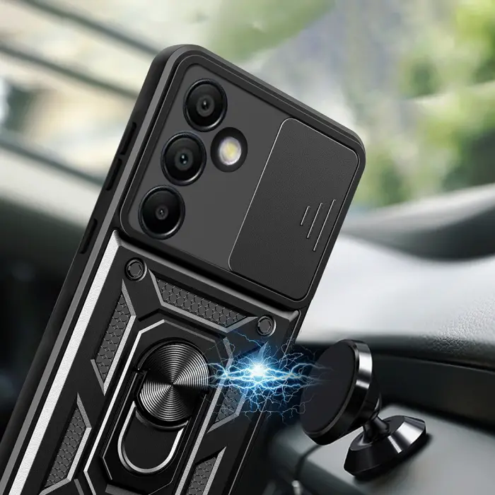 Samsung Galaxy S25 Fe Kılıf Magnetik Standlı Kamera Korumalı Lopard Sürgülü Kamera Korumalı Yüzüklü Tasarım Armor Vega