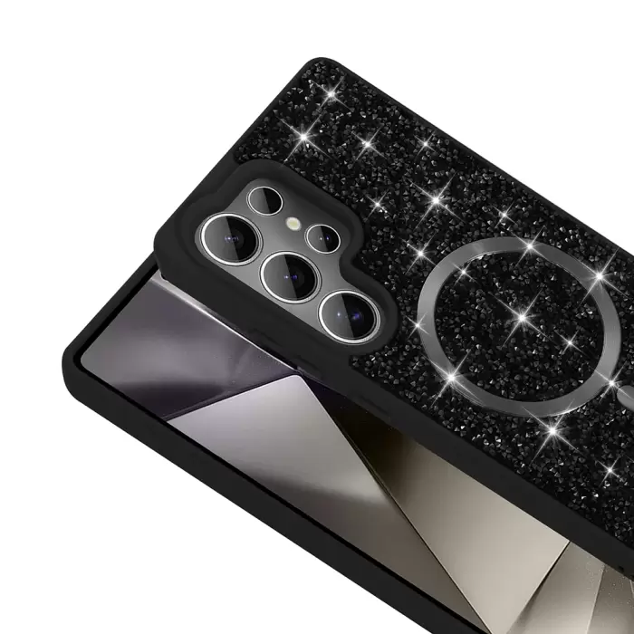 Samsung Galaxy S25 Ultra Kılıf Pırlanta Tasarımlı Magsafe Şarj Özellikli Lopard Mozaik Silikon Kapak