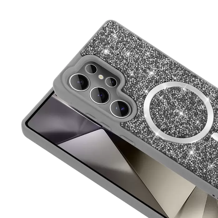 Samsung Galaxy S25 Ultra Kılıf Pırlanta Tasarımlı Magsafe Şarj Özellikli Lopard Mozaik Silikon Kapak