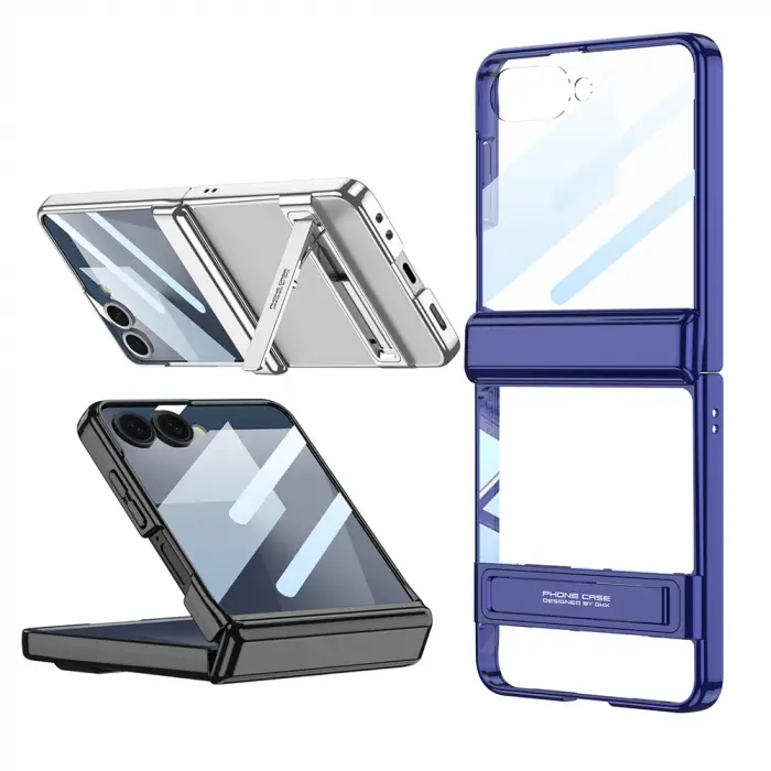 Samsung Galaxy Z Flip 7 Kılıf Kamera Korumalı Şeffaf Tasarımlı Lopard Lego Standlı Kapak